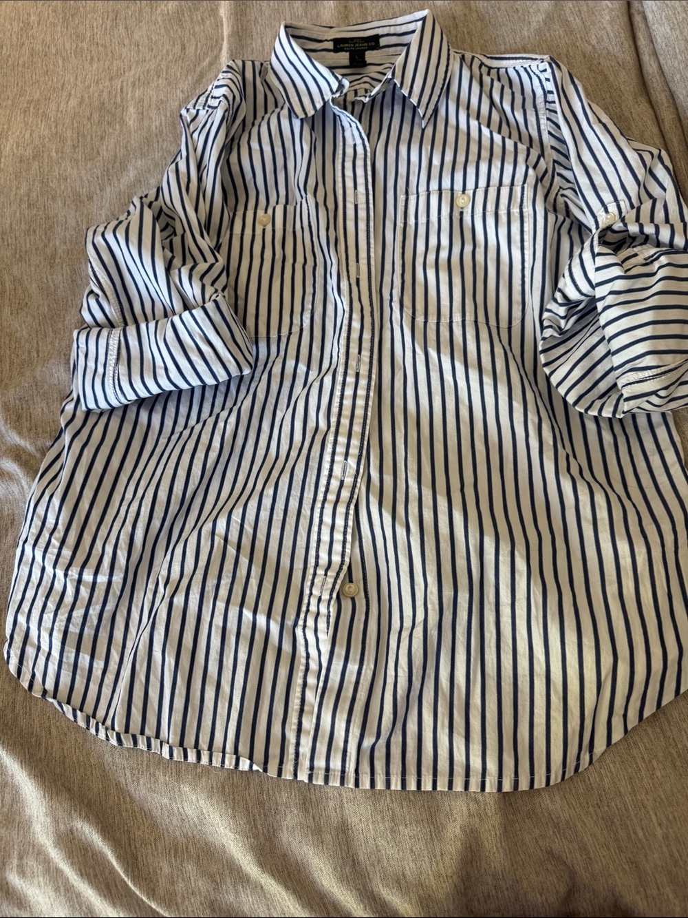 Lauren Ralph Lauren White and Navy Vertical Stripe 100% cotton Button-Down Shirt